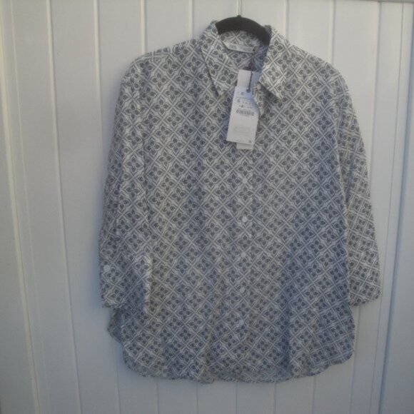 NEW Zara Blouse Women's Size Small Blue and Cream Linen Printed Preppy - Picture 2 of 4